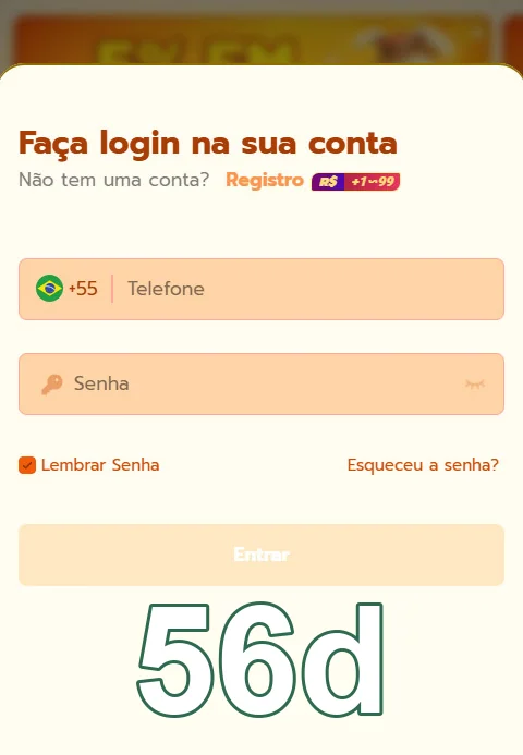 Tela de celular da 56d com slots rápidos e serviços VIP.